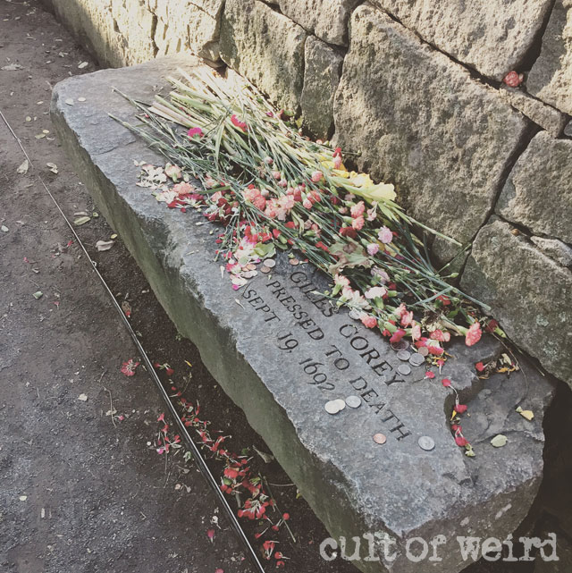 The memorial of Giles Corey at the Salem Witch Trials Memorial