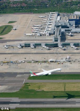 An Aerial view from the south of Gatwick Airport North Terminal, Crawley, West Sussex. 