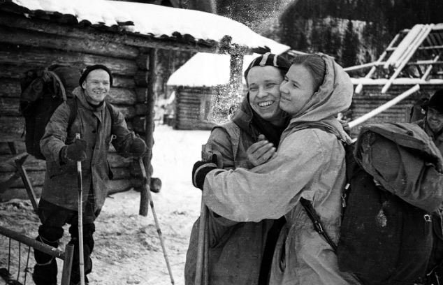 Experienced skiers: Yuri Yudin hugging Lyudmila Dubinina as he prepares to leave the group due to illness, which saved his life as he left the expedition before the deaths