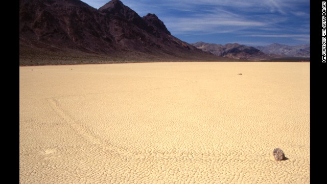 Ordinary stones seem to "sail" over the dry earth, leaving a trail behind, in Death Valley National Park. The prevailing theory for this strange phenomenon involves ice that forms around the stones, causing them to move and to leave a trail in their wake.