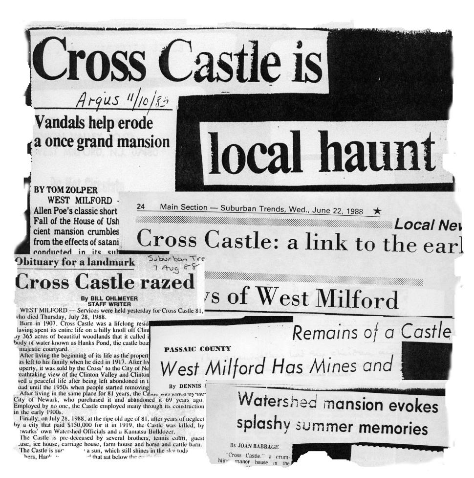 Newspaper clippings of mysterious occurrences at Cross Castle. The remains of the structure were demolished in the late-1980s, though the foundations can still be seen via hiking paths.