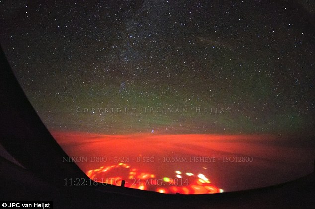 Strange lights have been spotted near the Russian peninsula of Kamchatka (image by Dutch pilot JPC van Heijst). The sighting was made by pilots flying from Hong Kong to Alaska. The glow came about 20 minutes after a vertical lightning bolt was seen
