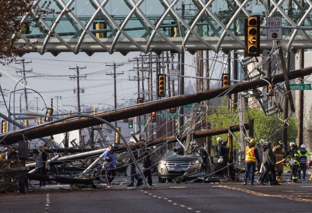 26 electricity poles in a row collapse on a street in Seattle for no apparent reason 7