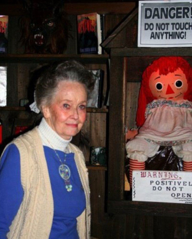 Paranormal investigator Lorraine Warren with the haunted Annabelle doll