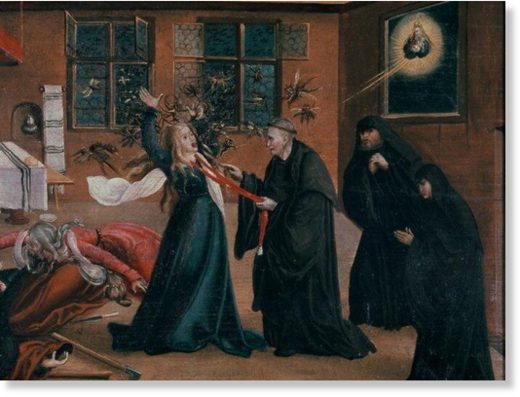 A depiction of an exorcism from the Middle Ages.