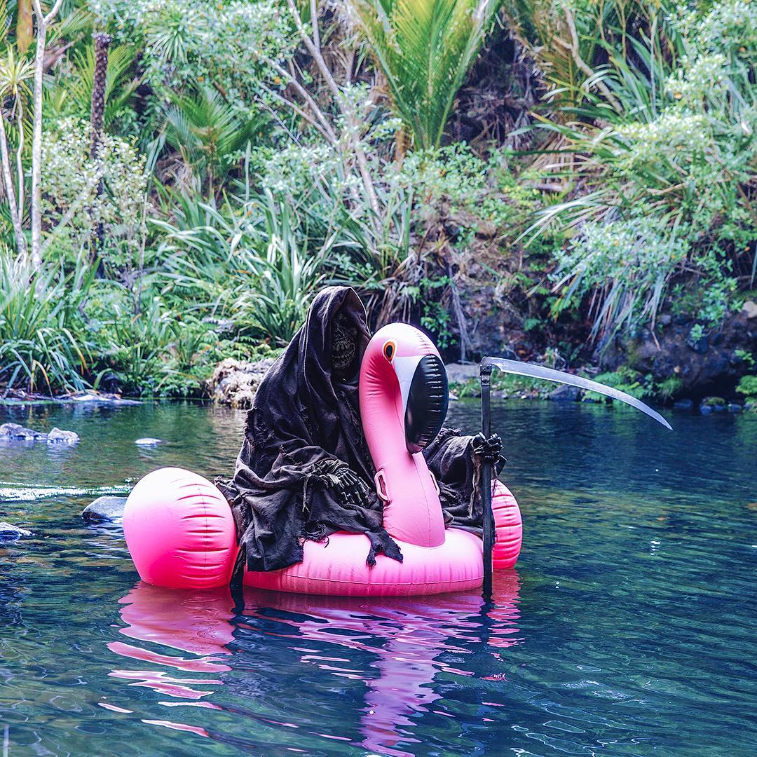 Death and his inflatable flamingo