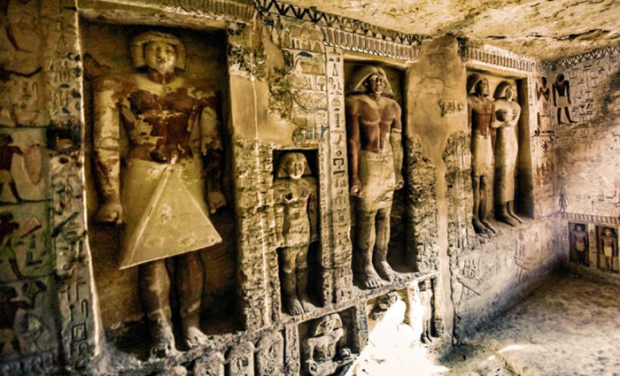 Where do false doors lead in ancient Egyptian tombs, and who could pass through them 15