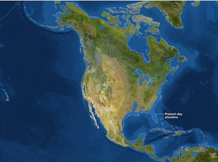 The Florida Peninsula, together with Cape Canaveral, will be completely submerged.