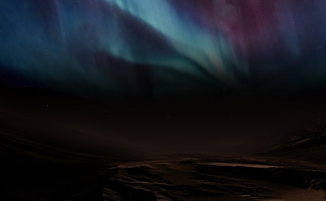 polar lights, Mars, planet surface, drawing