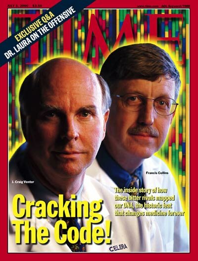 The cover of Time magazine, published on June 26, 2000.  Left - Craig Venter, right Francis Collins