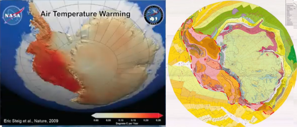 Im linken Bild sehen wir einen Temperaturanstieg im westlichen Teil der Antarktis, das rechte Bild ist eine geologische Karte der Antarktis.