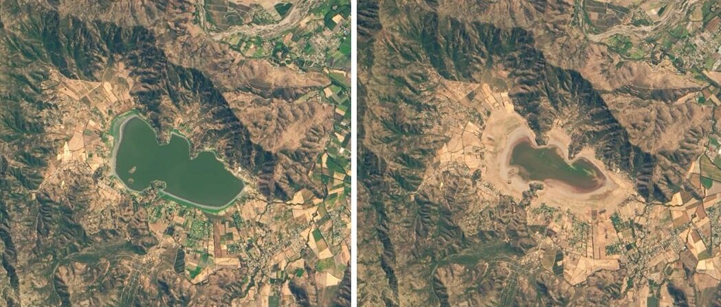 Im linken Bild sehen wir ein Satellitenbild vom 26. Februar 2014. Im rechten Bild vom 12. März 2019 ist die grüne Farbe im See bereits Vegetation, kein Wasser.