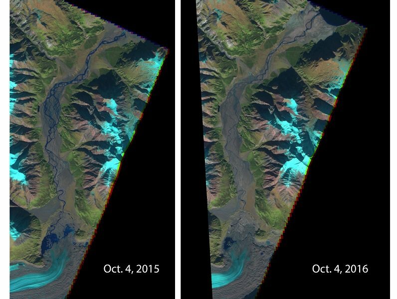 Das Foto zeigt das Schrumpfen des Gletschers und offenbar die Verdrängung von Schmelzwasserströmen.