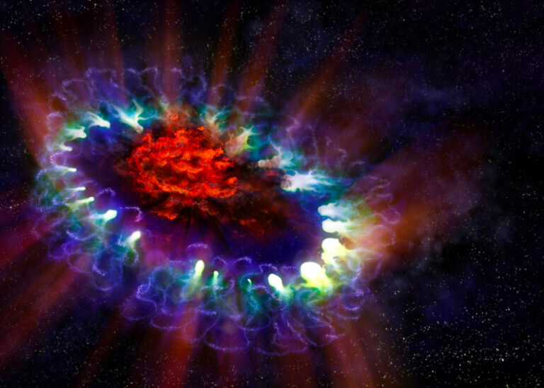 Eine Wolke, die von der Explosion der Supernova SN 1987A übrig geblieben ist. 