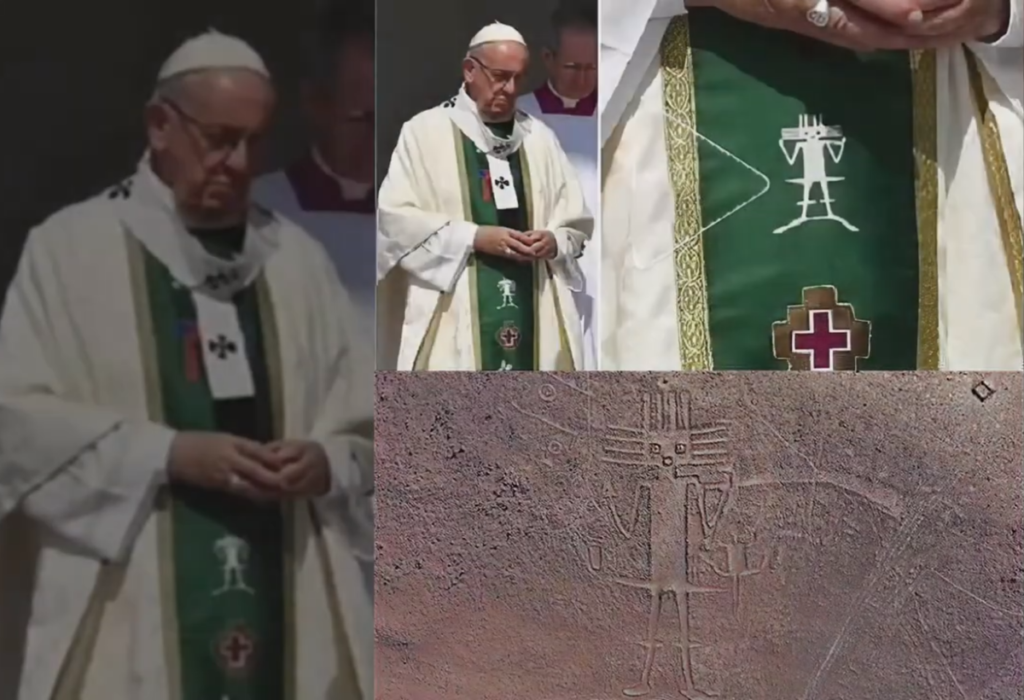 Geoglyph Tarapaca of the Atacama Desert (Chile) on the clothes of Pope Francis.