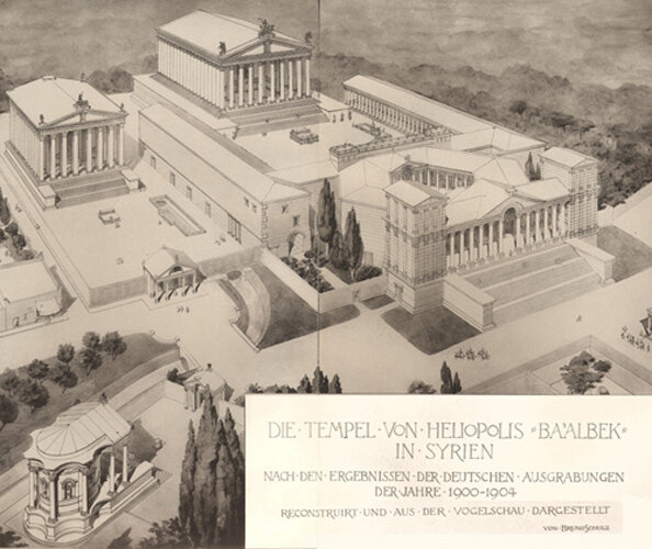 Reconstruction of the temple complex of Baalbek from a bird's eye view of 1921, according to the results of German excavations in 1901-1904.  Image from Wikipedia article "Baalbek" (Authorship: Bruno Schulz (1892 - 1942). Baalbek. Ergebnisse der Ausgrabungen und Untersuchungen in den Jahren 1898-1905 Band I-III, Th. Wiegand ed., 1921-25, Public domain, https http://commons.wikimedia.org/w/index.php?curid=82430558)