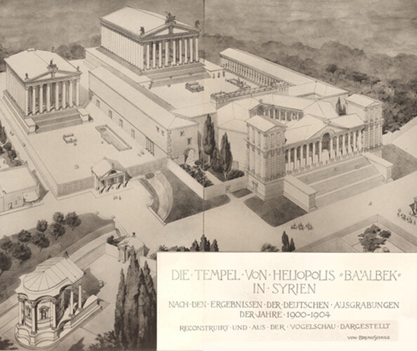 Reconstrução do complexo do templo de Baalbek a partir de uma visão panorâmica de 1921, de acordo com os resultados das escavações alemãs em 1901-1904.  Imagem do artigo da Wikipedia "Baalbek" (Autoria: Bruno Schulz (1892 - 1942). Baalbek. Ergebnisse der Ausgrabungen und Untersuchungen in den Jahren 1898-1905 Band I-III, Th. Wiegand ed., 1921-25, Public domain, https http://commons.wikimedia.org/w/index.php?curid=82430558)