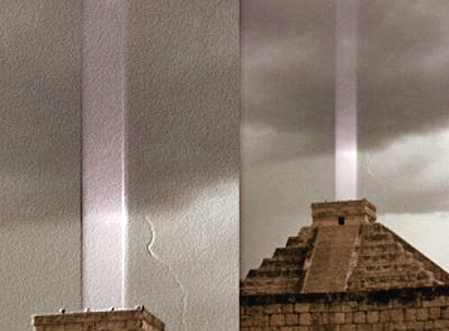 Photonenwolke aus Energie und Energiestrahlen, die von Pyramiden auf der ganzen Welt emittiert werden