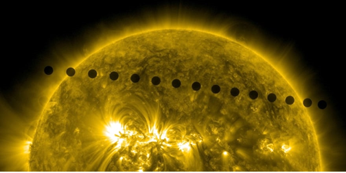 Transit der Venus über die Sonnenscheibe im Jahr 2012. Es wird auf die konstante Scheibe der Venus hingewiesen, die sich bei ihrer realen Rotation relativ zur Sonne, getrennt von der Erde, natürlich verändern würde.