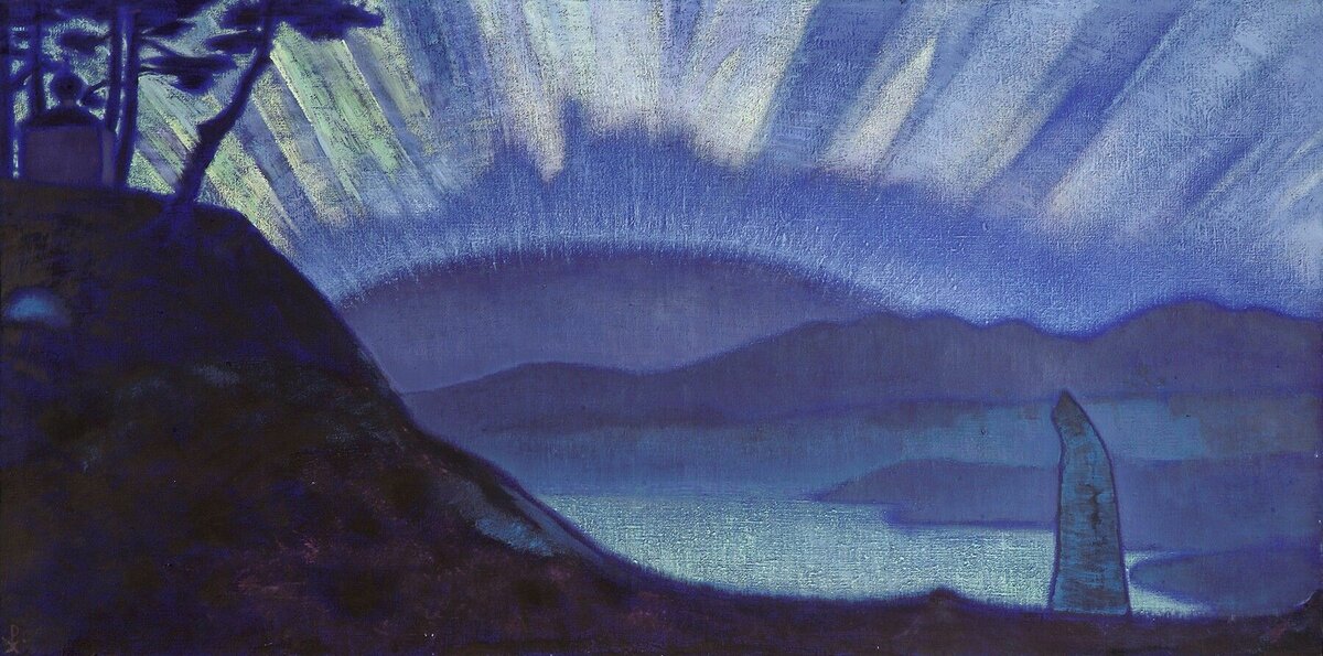Painting by Nicholas Roerich - Bridge of Glory.1923 Sergius of Radonezh in the rays of the Northern Lights