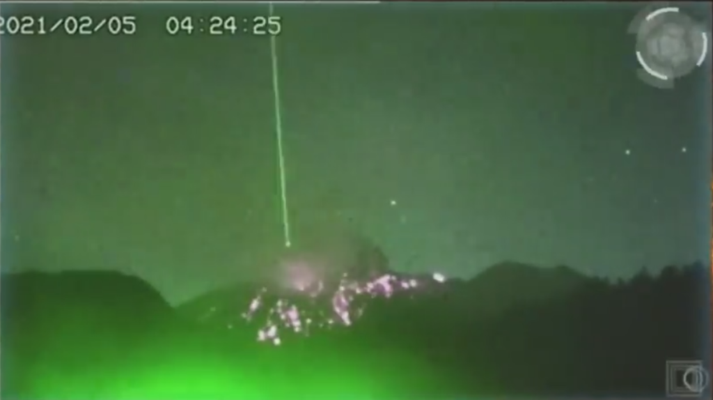 UFO and laser beam on the background of the exploding Sakurajima volcano (Japan) January 18, 2021