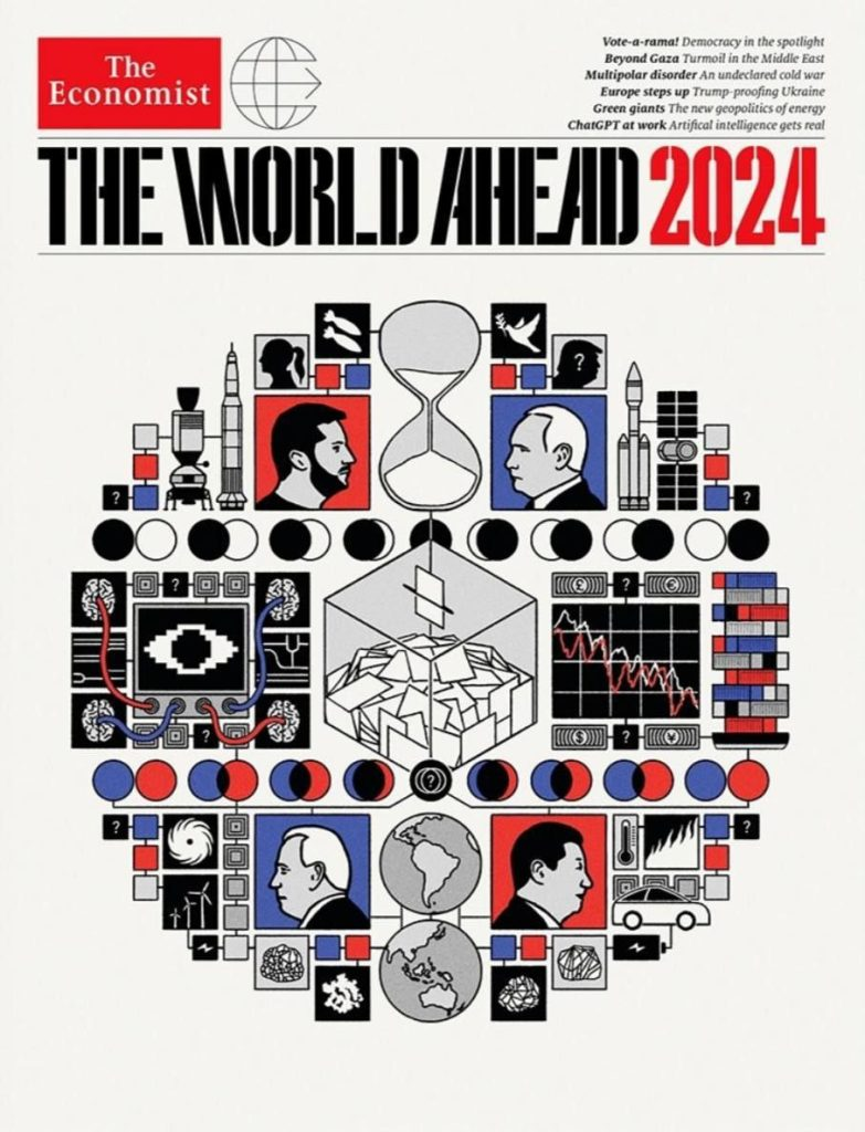 Nowa okładka Economist: transkrypcja numeru „Świat w 2024” sugerująca, że ​​wszystko będzie zależeć od jakiegoś wyboru 2