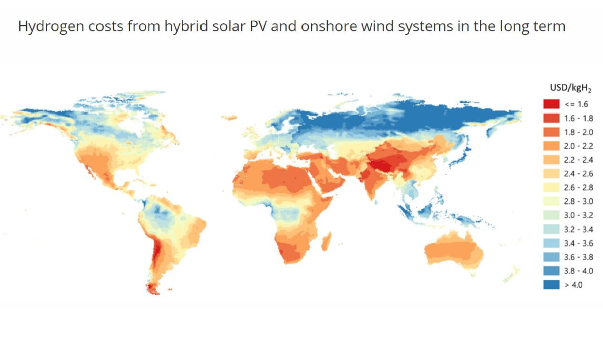 Perspektiven für die Herstellung von Wasserstoff aus erneuerbaren Energiequellen („grüner“ Wasserstoff).  Quelle: Internationale Energieagentur